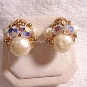 Beautiful Sparkling Faux Pearl, Filigree & AB Crystal Clip Earrings